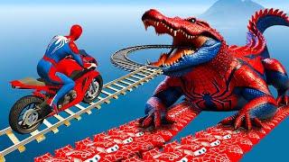 SPIDER-MAN on Motorcycle  in Bridge vs CROCODILE Stunt Ride Superheroes GTA 5