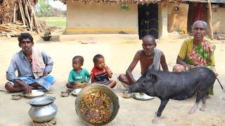 PIG MEAT RECIPE \\  BY TRIBE GRANDMOTHER \\ PORK MEAT COOKING PROCESS TRIBE VILLAGE STYLE AND EATING