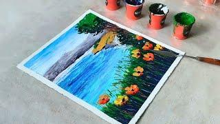 Peaceful River Landscape with Poppies - Simple Acrylic Palette Knife Painting Tutorial