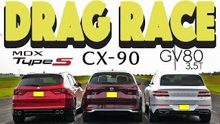 2024 Mazda CX90 3.3 Takes On Acura MDX Type S And Genesis GV80 3.5. Drag and Roll Race.