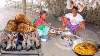 GOAT LEG CURRY with Taro root recipe cooking & eating by santali tribe old couple