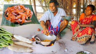 RED SEA FISH CURRY with BRINJAL & MULO SHAK VAJI cooking and eating by snatali tribe old couple