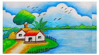 Easy Scenery Drawing| Simple Landscape Drawing| River Side Scenery Drawing| Village Scenery Drawing