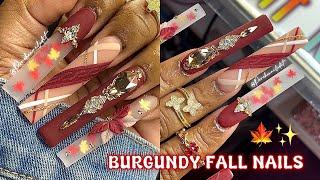 BURGUNDY FALL NAILS  HOW TO 3D FLOWER , SWEATER & PLAID NAIL DESIGN  ACRYLIC NAIL TUTORIAL