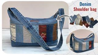 how to sew denim zipper shoulder bag tutorial from jeans and fabric scraps,diy shoulder bag patterns