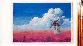 Windmill Landscape Painting with Gouache ｜ Pink Muhly Grass Field