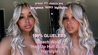 100% Glueless Beach Wave Half Up Half Down Style Glueless Pre Cut 6*5 Closure Wig ft Arabella Hair