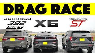 Ford Explorer ST Races BMW X6 and Dodge Durango SRT 392, things get wet. Drag and Roll Race.