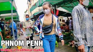 Walking tour in Phnom Penh 2021 at traditional market, Cambodian food tour