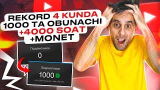 REKORD! 4 KUNDA - 1000 OBUNACHI, 4000 SOAT VA YOUTUBE MONETIZATSIYA YOQDIM