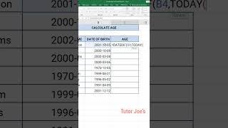 Calculate  Age in Excel | Tutor Joes | #shorts