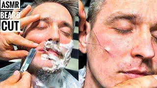 ASMR BEARD CUT and Barber Massage • Cutting Thick Beards Wasn't Easy • Cheek feather pulling