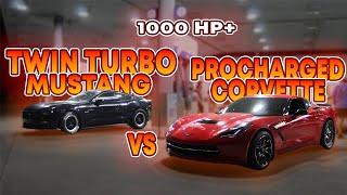 Twin Turbo Mustang VS Procharged Corvette *COPS CAME* | 1000HP Cars Racing