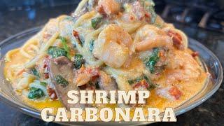 SHRIMP AND MUSHROOM CREAMY CARBONARA PASTA