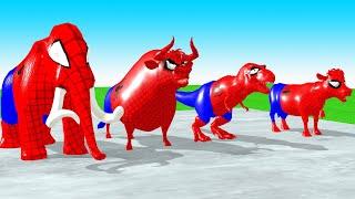 Paint Animals Spiderman Gorilla Cow Lion Elephant Dinosaurs Chiken and T-Rex Fountain Crossing