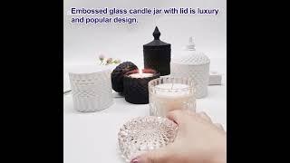 Embossed glass candle jar with lid is luxury and popular design. More details can see in video.