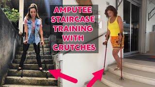 Amputee woman adaptive crutches user life: staircase training