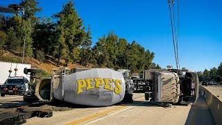 Cement mixer roll over on freeway