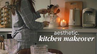 cozy and aesthetic kitchen makeover 🫖🪵 | minimalist and pinterest inspired organization!