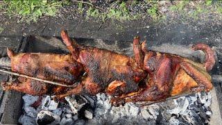 Crispy chicken on a spit | Fried chicken outdoors | 4k