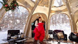 Amazing glass dome inflatable tent solo car camping in snowy forest