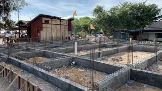 Concrete Ground Plinth BEAM Construction Process Steel Rebar Reinforcement Placement Timber Formwork