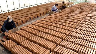 Process of making adobe house with dried mud brick. Korean mud brick mass production factory