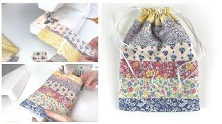 Scrap fabric sewing project. Use your scrap pieces to sew a drawstring bag. Easy sewing project