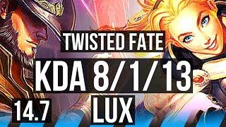 TWISTED FATE vs LUX (MID) | 8/1/13, 500+ games, Godlike | KR Diamond | 14.7