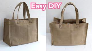 簡単！面白い作り方！裏地無し！内ポケット付き！スクエアートートバッグ  Easy DIY Square Big Tote Bag Tutorial.