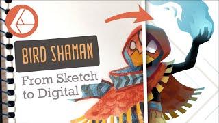 Bird Shaman from Sketch to Digital  | Speed Art in Affinity Designer