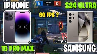 SAMSUNG S24 ULTRA vs IPHONE 15 PRO MAX TDM COMPARISON (PUBG MOBILE) CLOSE-RANGE, HIP-FIRE, 90 FPS ?