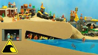 Lego Gold Mine Disaster - Tsunami Dam Breach Experiment - Wave Machine VS Lego Miners