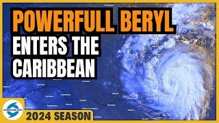Hurricane Beryl moves over the Lesser Antilles. It begins its journey through the Caribbean.