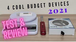 4 Budget Cool Gadgets . Weighing scale / Self coiling data cable / USB tester / Anti wind lighter