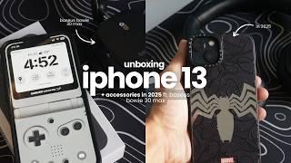 iphone 13 midnight unboxing 2025 (256gb)  + accessories ft. baseus headphones 