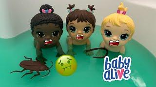 Baby Alive Triplets dolls Swimming in dirty Bath 