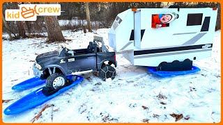 Winter camping adventure with kids RV trailer and ride on truck, ice fishing. Educational | Kid Crew