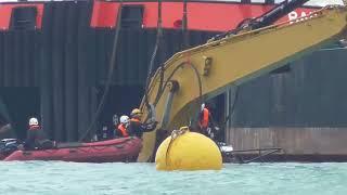 STUCK CATERPILLAR Excavator Rescued By A Dutch Crane Ship Cormorant - Machine Saving Smaller Machine