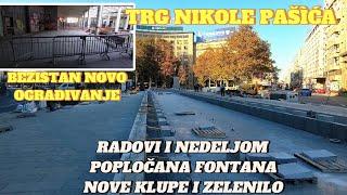 Beograd Trg Nikole Pašića kompletirana keramika fontane,radovi i nedeljom Bezistan novo ograđivanje