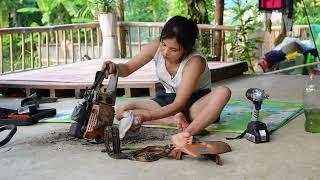 The genius girl picked up the chainsaw that was swept away by the stream