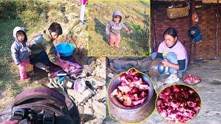 Jonson & dad Cleaning Clothes in tap || Wife Jina preparing meal for family @pastorallifeofnepal