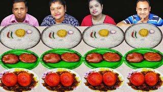 PANTA BHAT EGG MASALA CURRY ALOO VARTA CHOP EATING CHALLENGE // food family & more