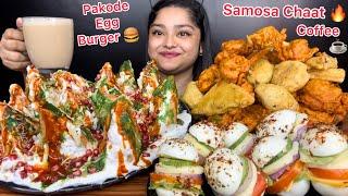 SAMOSA CHAAT MIRCHI PAKODA, BAIGAN PAKODA, GOBI PAKODA,BREAD PAKODA,ALU PAKODA & EGG BURGER|EATING