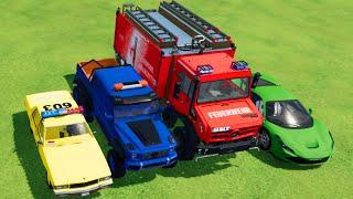 TRANSPORTING CARS, AMBULANCE, POLICE CARS, FIRE TRUCK OF COLORS! WITH TRUCKS! - FS 22