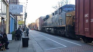 Street Running Train With DPU Working Hard & Train Crosses Dangerous Prehistoric Rock Over Pass