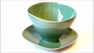 006s Coffee Cup and Saucer(Green) x2 "Lotus" with a Gift Box - MinoYaki-