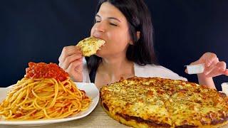 DOMINO'S CHICKEN ALFREDO PIZZA & SPAGHETTI WITH TOMATO SAUCE | MUKBANG | ASMR | EATING SOUNDS