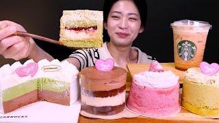 Starbucks' new menu!!| Starbucks - Strawberry, Chocolate, Green tea Ice cream Cake ASMR Mukbang