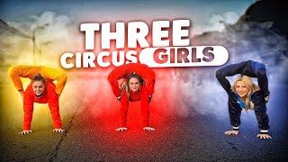 Three Circus Contortion Girls Show their Flexibility on the Street. Extreme Contortion Poses.